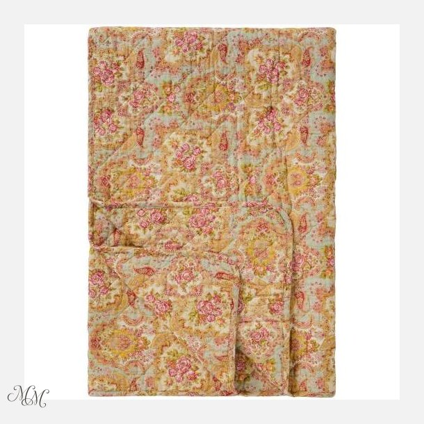 Quilt - St�vbl� med lyser�dt, r�dt, gr�nt og gult paisley - og blomsterm�nster