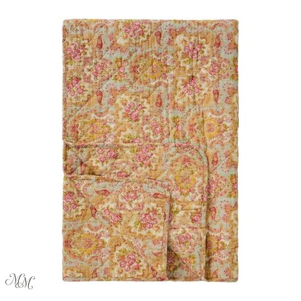 Quilt - St�vbl� med lyser�dt, r�dt, gr�nt og gult paisley - og blomsterm�nster