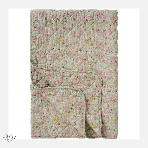 Quilt - St�vbl� med lyser�de, gr�nne og gr� blomster