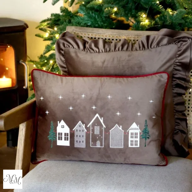 Aix Pudebetr�k med broderede huse - Mocca