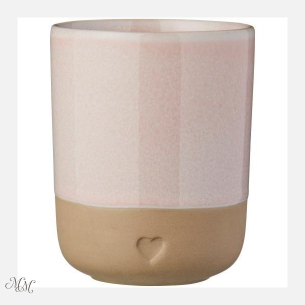 Krus uden hank - Heart - Mat brunt ler med rosa kant